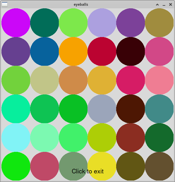 6 by 6 grid of colored circles with radius 100