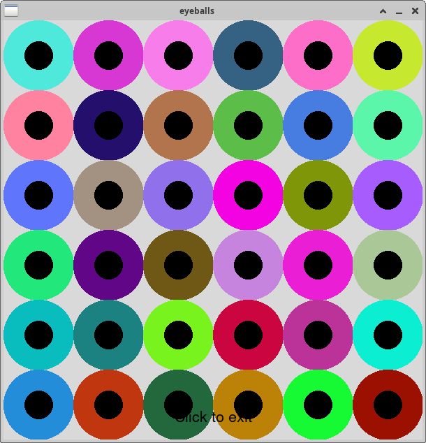 6 by 6 grid of colored circles with radius 100