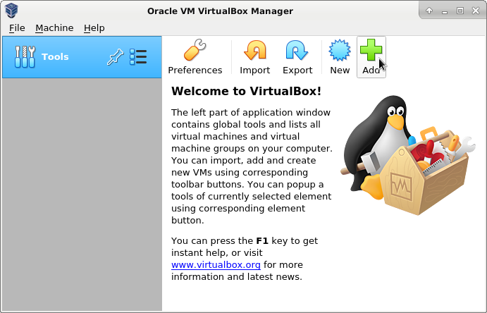 Pressing Add button in VirtualBox Tools pane