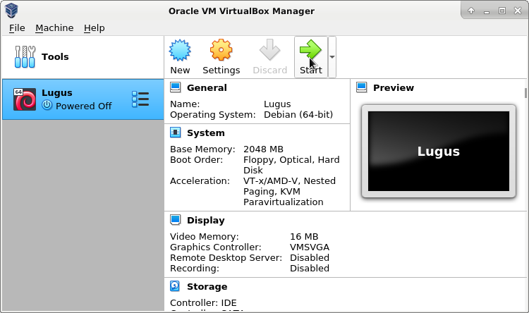 Pressing Start button in VirtualBox Lugus pane