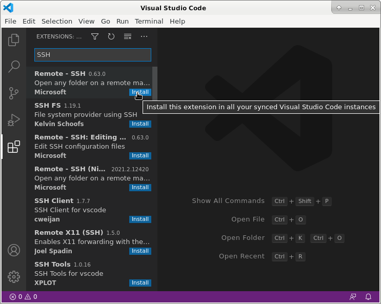 Pressing the Install button for the Remote SSH extension